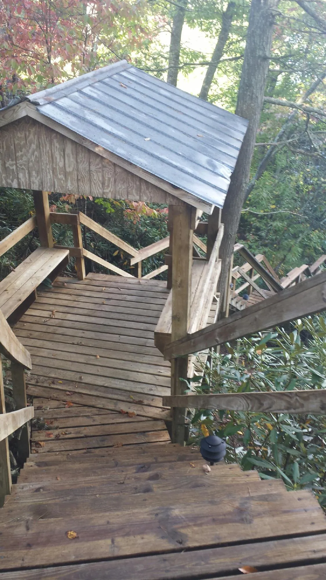 Metal roofed shelter over wooden steps on a wooded walkway — Skylight Repair & Installation work by our crew in Rindge